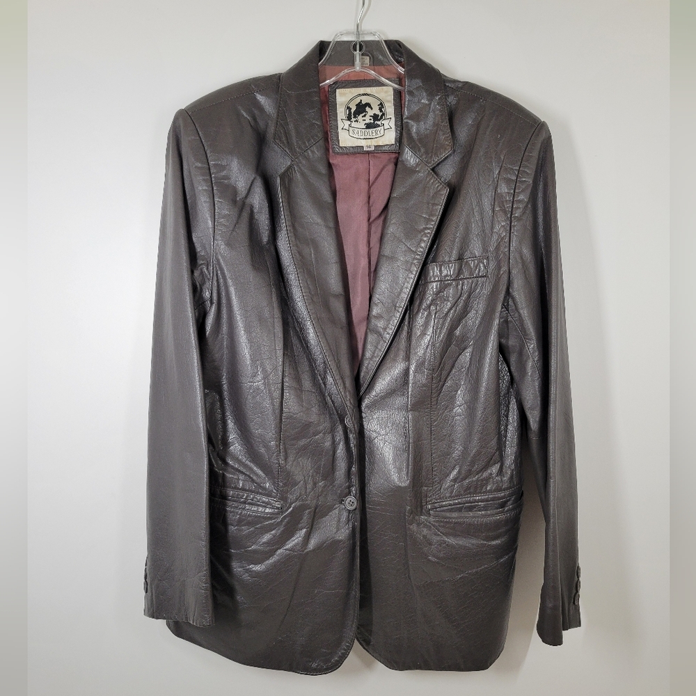 Vintage Saddlery Brown Leather Button Up Jacket With Pockets Women Size 14